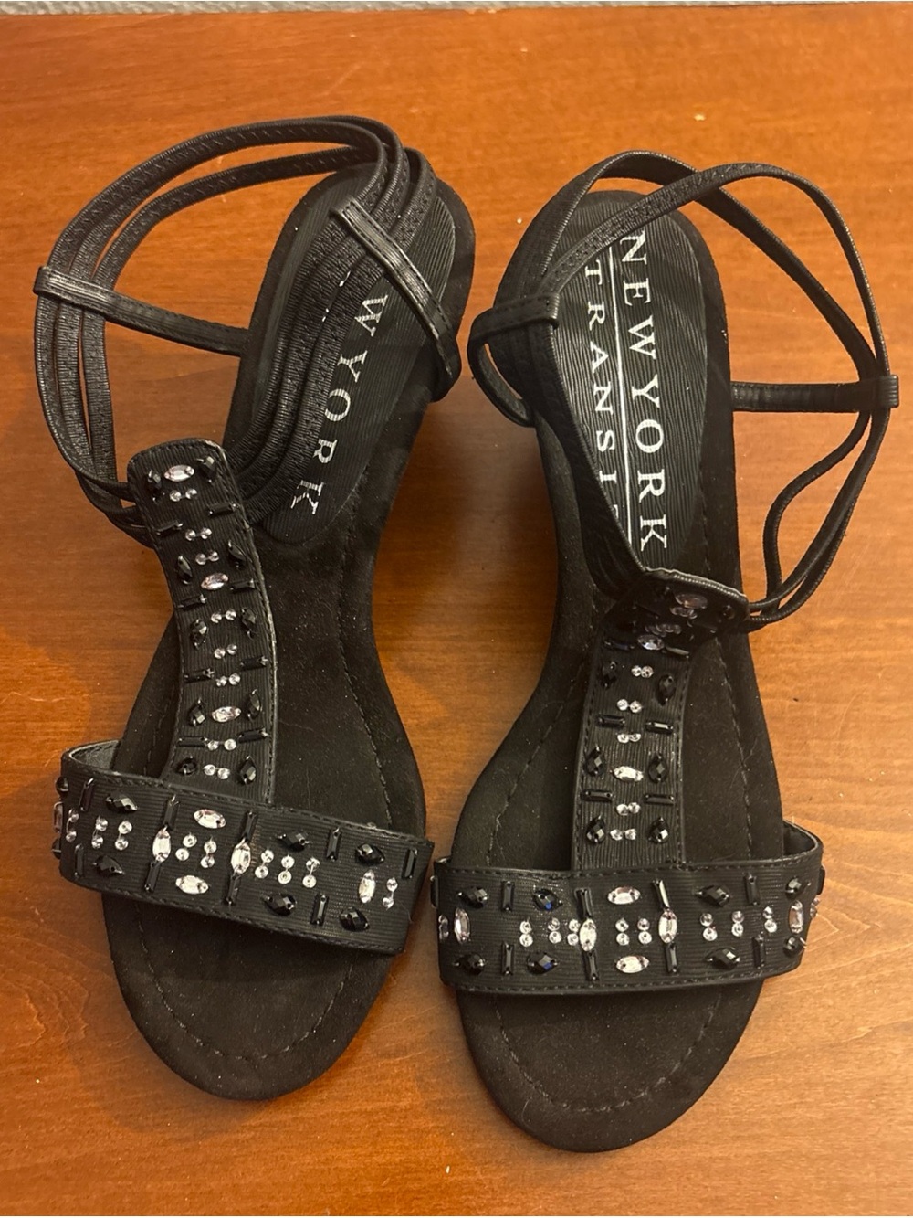 New York Transit Black Jeweled Strappy Sandals with Ankle Wrap low wedge heel